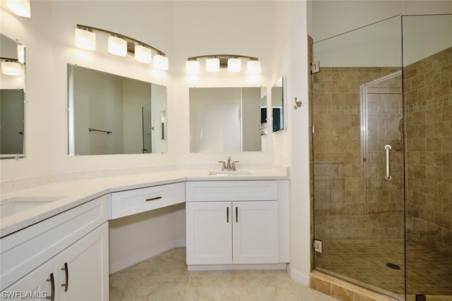 bathroom featuring an enclosed shower, tile floors, and double sink vanity