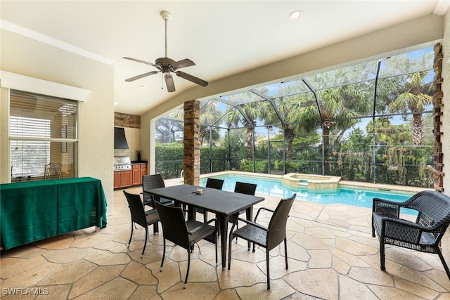 view of patio featuring a lanai, grilling area, ceiling fan, and a pool with hot tub