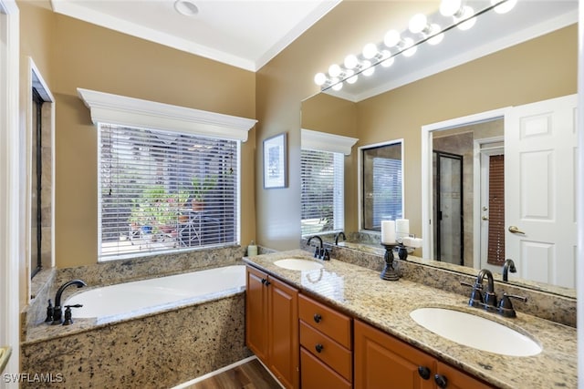 bathroom with plus walk in shower, wood-type flooring, vanity, and crown molding