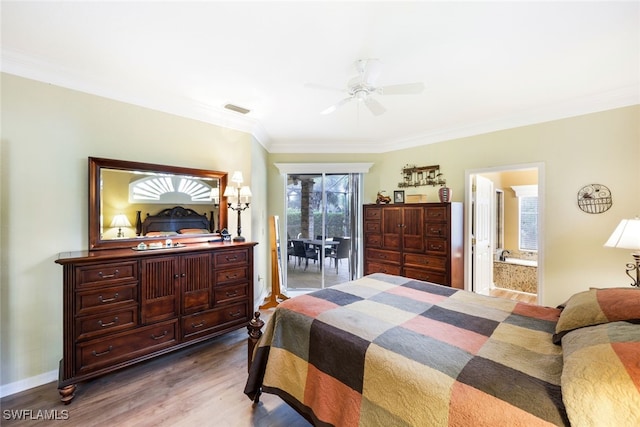 bedroom with ensuite bathroom, ornamental molding, access to outside, ceiling fan, and hardwood / wood-style floors