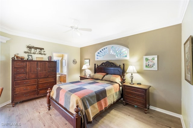 bedroom featuring ceiling fan, light wood-type flooring, and crown molding