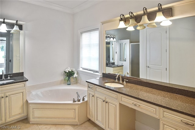 bathroom with crown molding, tile patterned flooring, vanity, and independent shower and bath