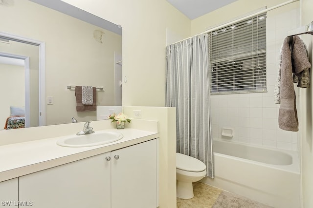 full bathroom with tile patterned floors, vanity, toilet, and shower / bathtub combination with curtain