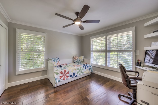 bedroom with multiple windows, ceiling fan, dark hardwood / wood-style flooring, and ornamental molding