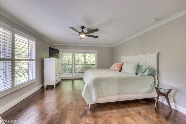 bedroom featuring access to exterior, ornamental molding, ceiling fan, and dark hardwood / wood-style floors