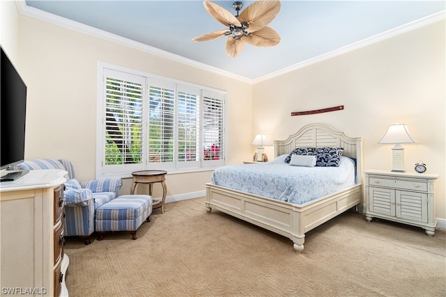 bedroom with ceiling fan, light carpet, and multiple windows