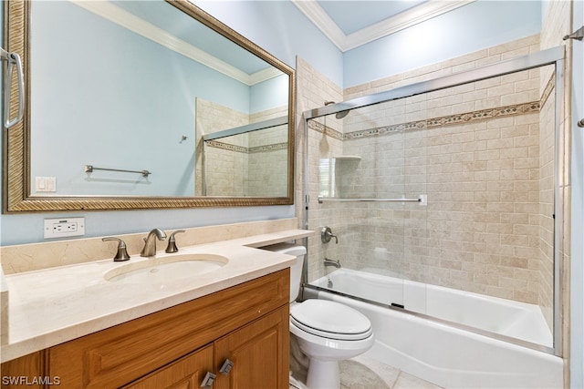 full bathroom with toilet, bath / shower combo with glass door, ornamental molding, tile patterned floors, and vanity