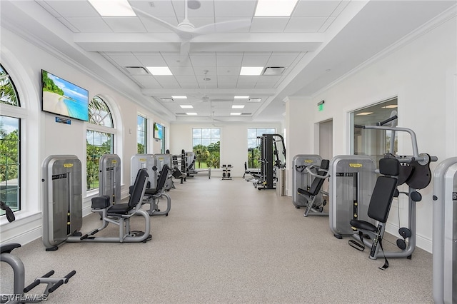 workout area featuring a drop ceiling