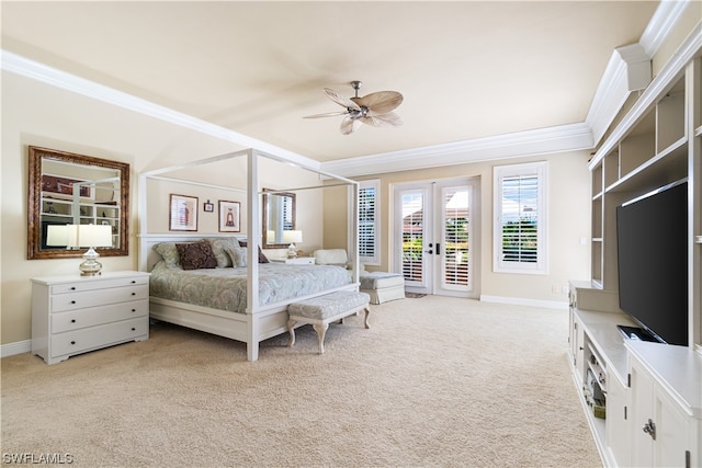 bedroom featuring french doors, access to exterior, ornamental molding, ceiling fan, and light colored carpet