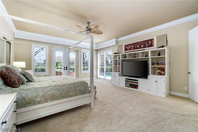 bedroom with ceiling fan, light carpet, ornamental molding, and access to outside