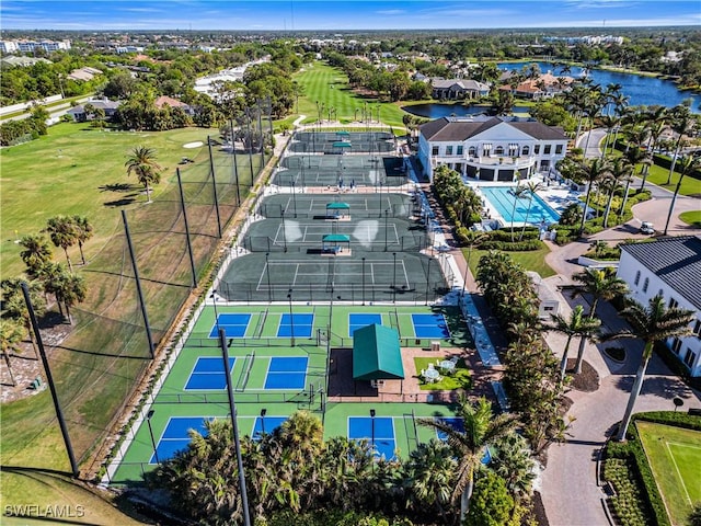 bird's eye view with a water view