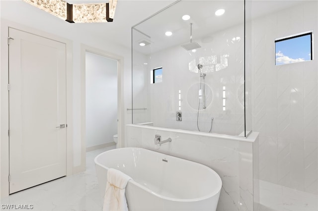 bathroom featuring independent shower and bath, toilet, and tile flooring