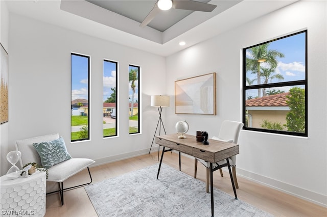 office space featuring a healthy amount of sunlight, wood-type flooring, and ceiling fan