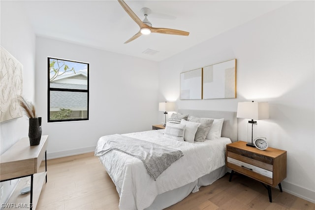 bedroom featuring ceiling fan and light wood-type flooring