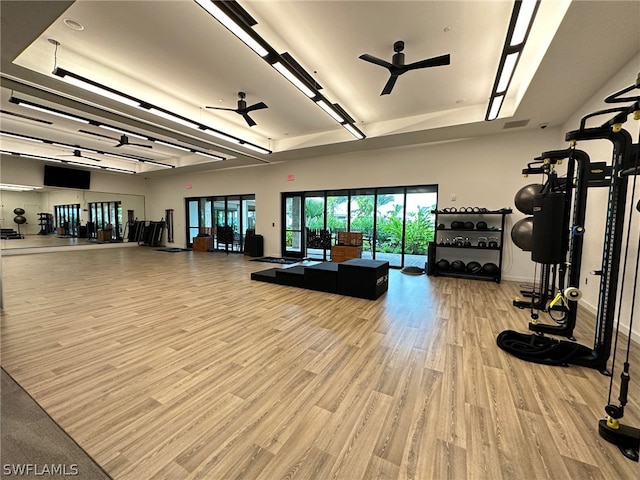 gym featuring light hardwood / wood-style flooring, a raised ceiling, and ceiling fan