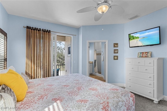 carpeted bedroom featuring access to outside and ceiling fan