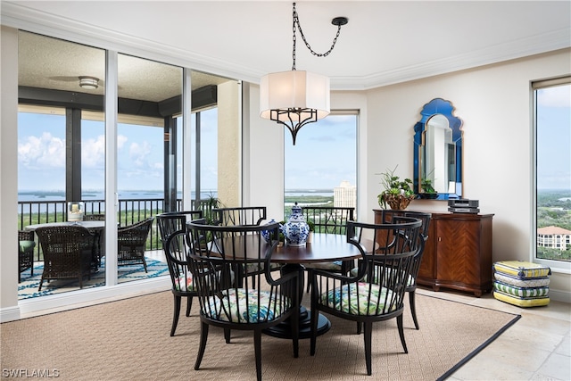 dining area with a water view, ornamental molding, and plenty of natural light