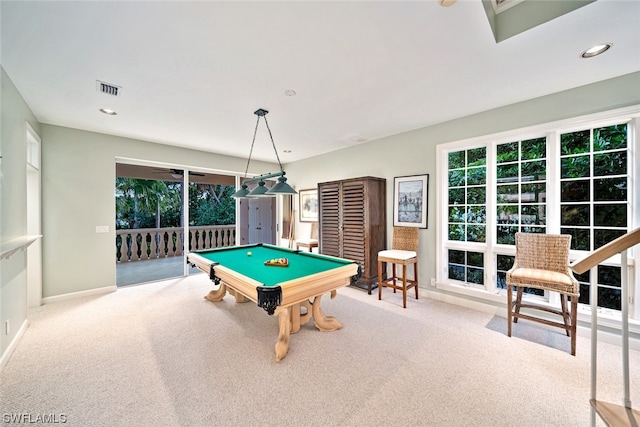 game room with billiards and light colored carpet