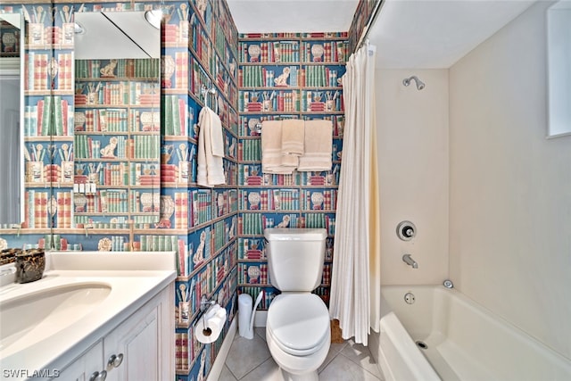 full bathroom featuring toilet, tile floors, shower / bathtub combination with curtain, and large vanity