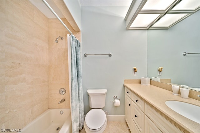 full bathroom with shower / bath combination with curtain, toilet, tile flooring, and oversized vanity