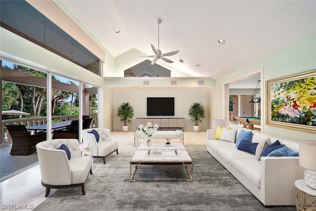 tiled living room featuring high vaulted ceiling, pool table, and ceiling fan