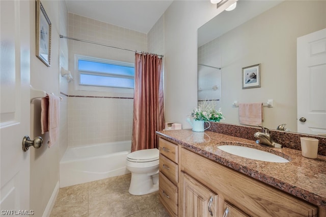 full bathroom featuring tile floors, vanity with extensive cabinet space, toilet, and shower / bathtub combination with curtain