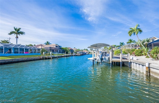 view of dock with a water view and a lanai