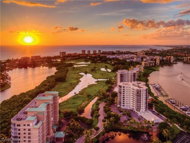 bird's eye view featuring a view of city and a water view