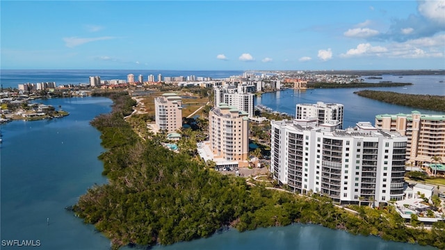 aerial view with a water view and a city view