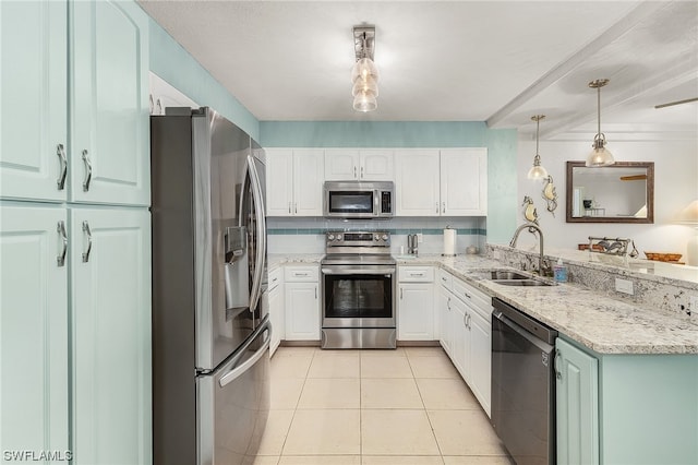 kitchen with white cabinets, stainless steel appliances, kitchen peninsula, pendant lighting, and sink