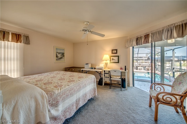 carpeted bedroom featuring access to outside and ceiling fan