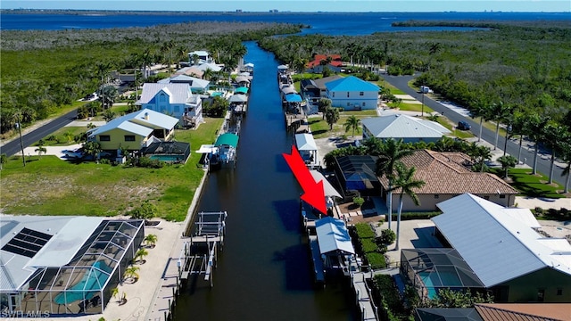 aerial view featuring a water view