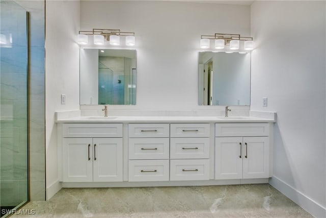 bathroom with concrete flooring, vanity, and an enclosed shower