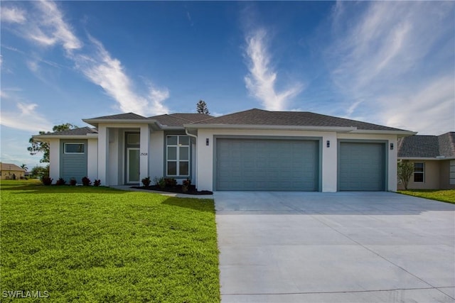 single story home featuring a front yard and a garage