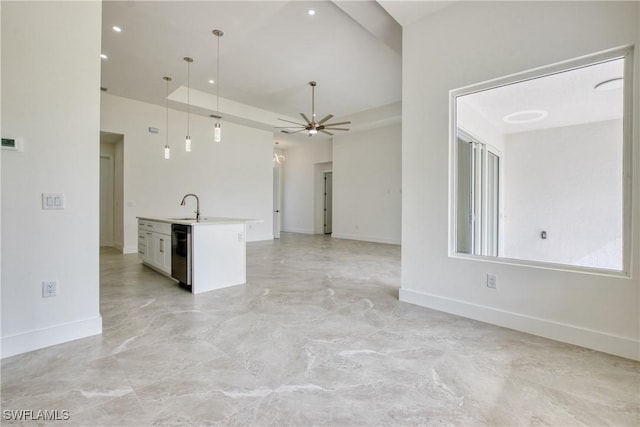 kitchen with ceiling fan, decorative light fixtures, white cabinets, black dishwasher, and an island with sink