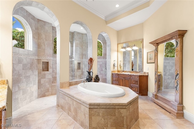 bathroom featuring crown molding, vanity, and a healthy amount of sunlight