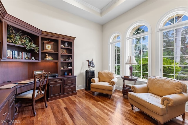 office featuring a raised ceiling, ornamental molding, built in desk, and light hardwood / wood-style floors