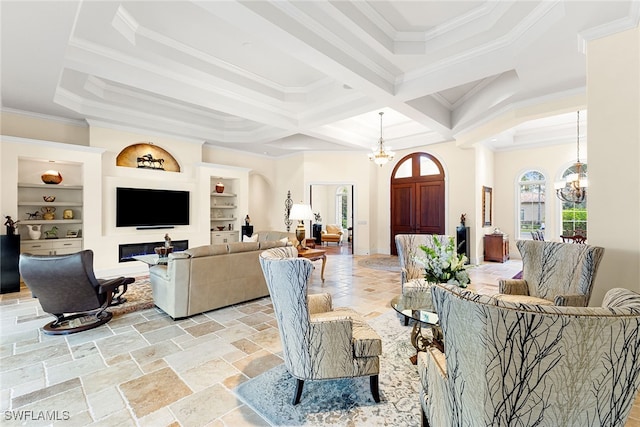 living room with built in shelves, coffered ceiling, beamed ceiling, a chandelier, and ornamental molding