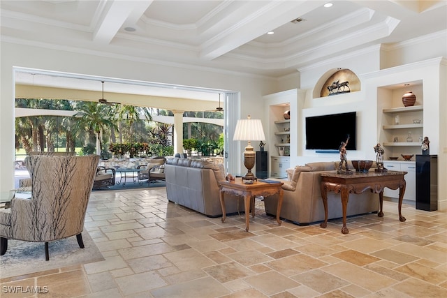 living room featuring beamed ceiling, built in features, and crown molding