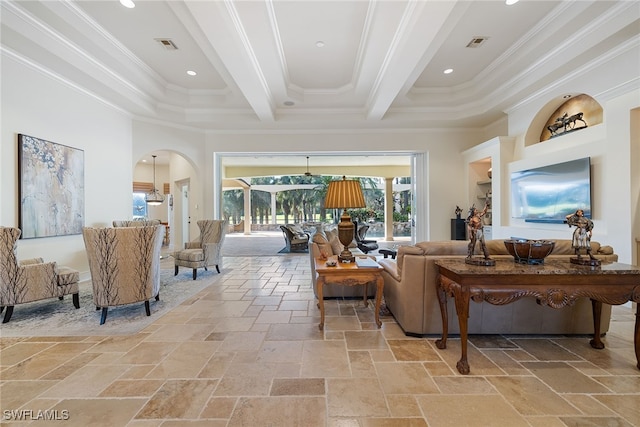 living room featuring built in shelves, crown molding, and beamed ceiling