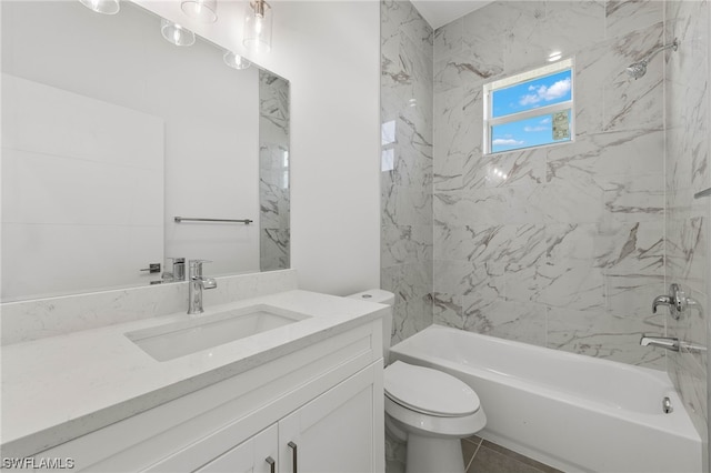 full bathroom with tiled shower / bath combo, toilet, tile patterned flooring, and vanity