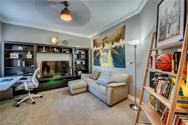 carpeted living room with crown molding, ceiling fan, and built in shelves