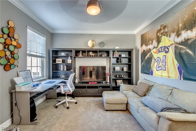 home office featuring ornamental molding and ceiling fan