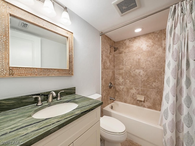 full bathroom with shower / bath combination with curtain, toilet, and oversized vanity