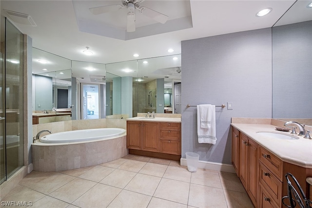 bathroom with dual bowl vanity, shower with separate bathtub, tile floors, and ceiling fan