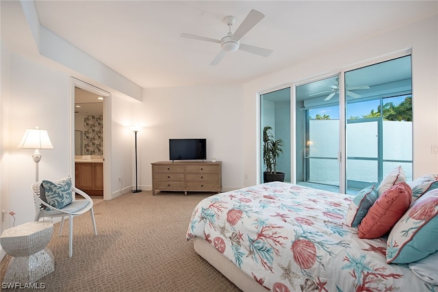 bedroom featuring light carpet, ceiling fan, access to outside, and connected bathroom