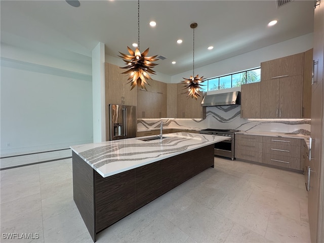 kitchen with light tile patterned floors, high end appliances, light stone counters, pendant lighting, and decorative backsplash