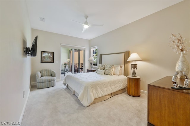 carpeted bedroom with ceiling fan and access to outside