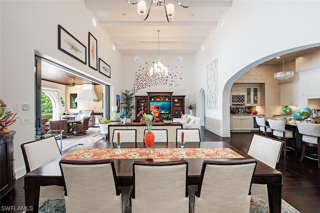 dining room with beam ceiling, a chandelier, and dark wood-type flooring