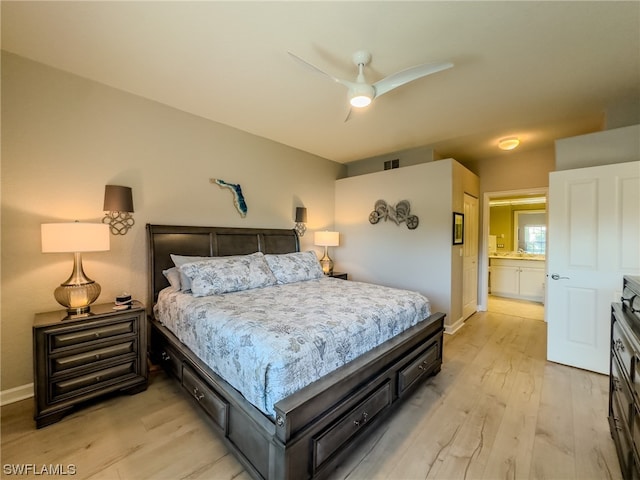 bedroom featuring ensuite bathroom, ceiling fan, and light wood-type flooring